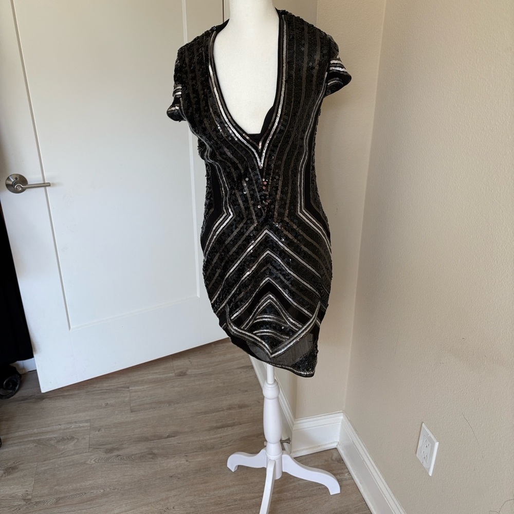 Express Black and Silver Sequin V-Neck Mini Dress